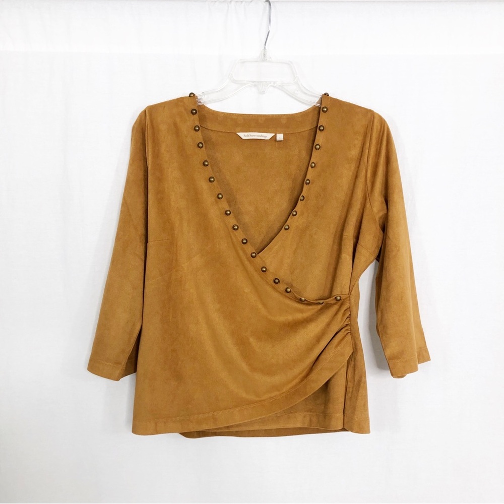 Soft Surroundings Faux Suede Western Faux Wrap Top, Size Small, Light Brown